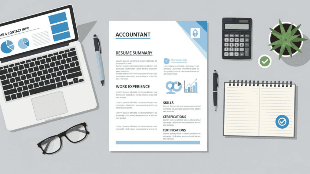 “Flat-lay illustration of a well-organized accountant resume on a desk with office tools and accounting icons, showing essential sections like contact info, summary, and work experience for a professional and precise presentation.”