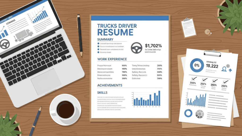 “Flat-lay illustration of a well-organized accountant resume on a desk with office tools and accounting icons, showing essential sections like contact info, summary, and work experience for a professional and precise presentation.”