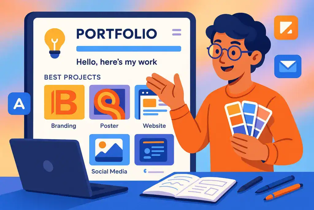 Illustration of a graphic designer presenting a digital portfolio on a large screen, showing best projects such as branding, poster design, website design, and social media graphics. The designer holds colour swatches and sits at a desk with a laptop, notebook, and pens. The background features bright, colourful gradients and creative tool icons