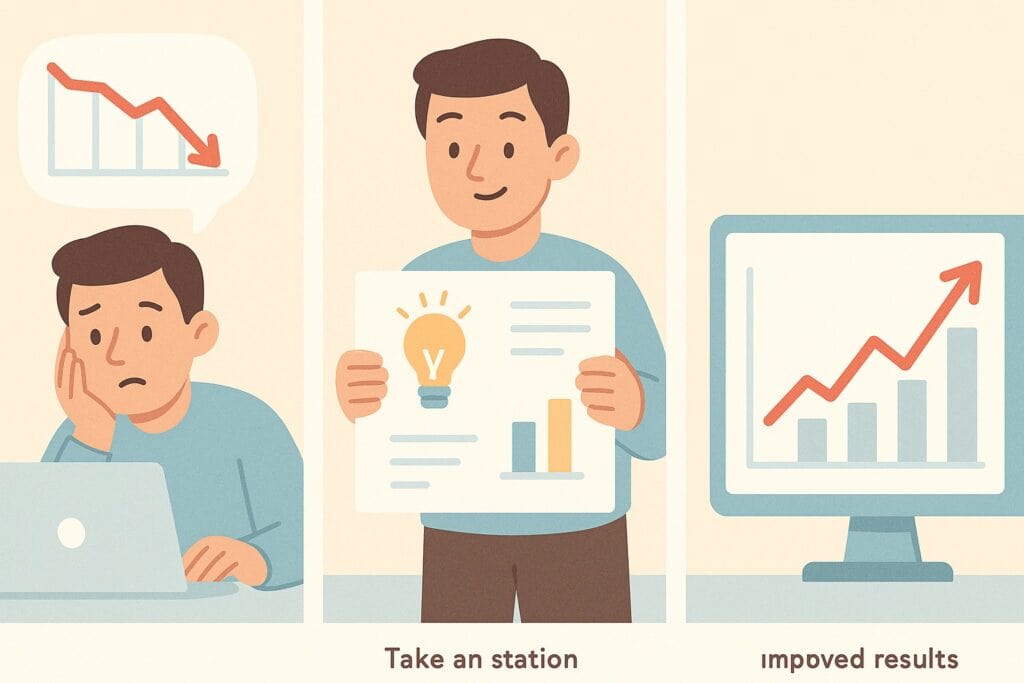 "Three-panel cartoon illustration showing Challenge, Action, and Result as a marketer improves performance metrics."