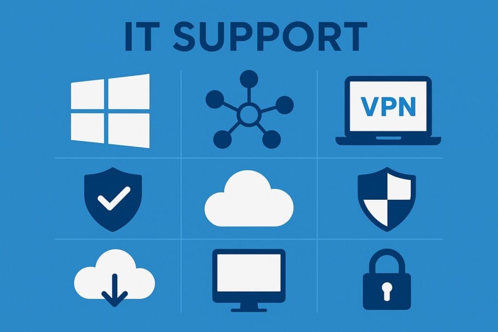 Blue vector illustration of core IT support technical skills