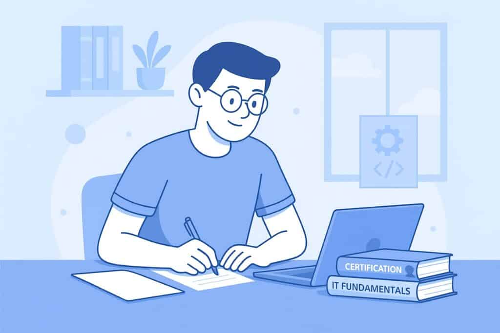 Blue-themed illustration of an entry-level IT support technician studying