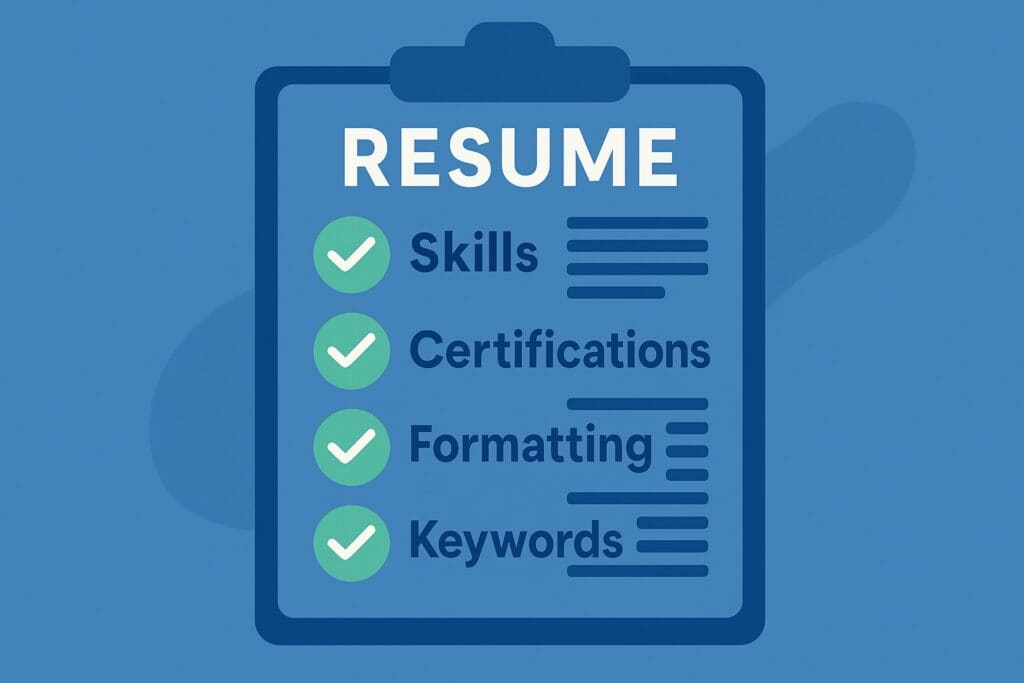 Blue-themed illustration of an IT support resume pre-submission checklist