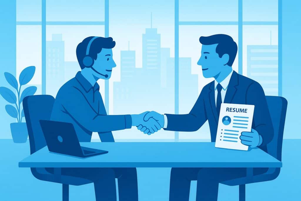 Blue-themed illustration of an IT support professional being hired