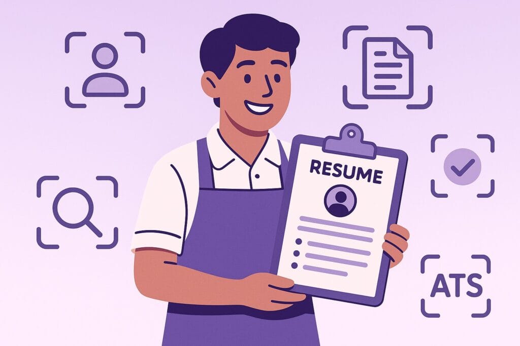 Waiter resume being scanned by an ATS system in a purple themed flat vector illustration