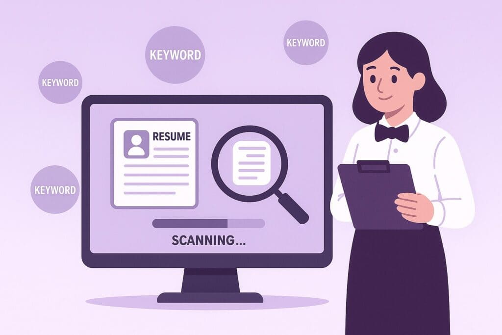 Applicant tracking system scanning a waiter resume in a purple flat vector illustration
