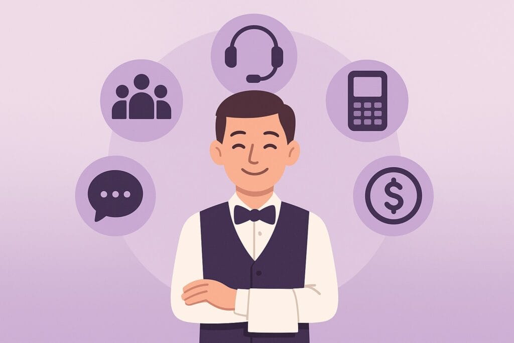Waiter surrounded by customer service and hospitality skill icons in a purple theme