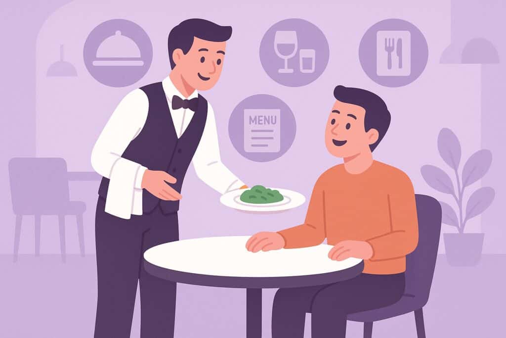 Server delivering excellent customer service to a guest in a purple themed restaurant scene