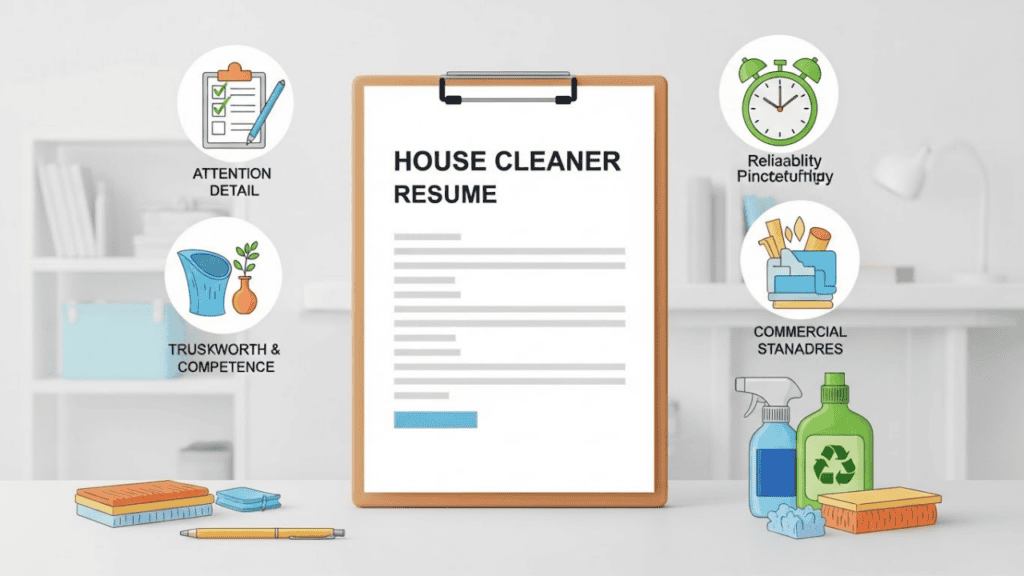 &ldquo;Illustration of a house cleaner resume on a tidy desk, surrounded by icons and items representing attention to detail, reliability, eco-friendly cleaning, and professionalism, with a subtle background showing residential and commercial cleaning settings.&rdquo;