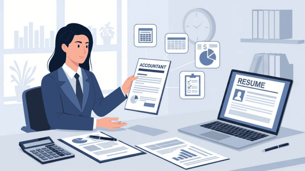 “Illustration of an accountant presenting a resume to a hiring manager, with charts, a calculator, and icons for accounting skills and certifications, highlighting the importance of a strong and precise accountant resume.”