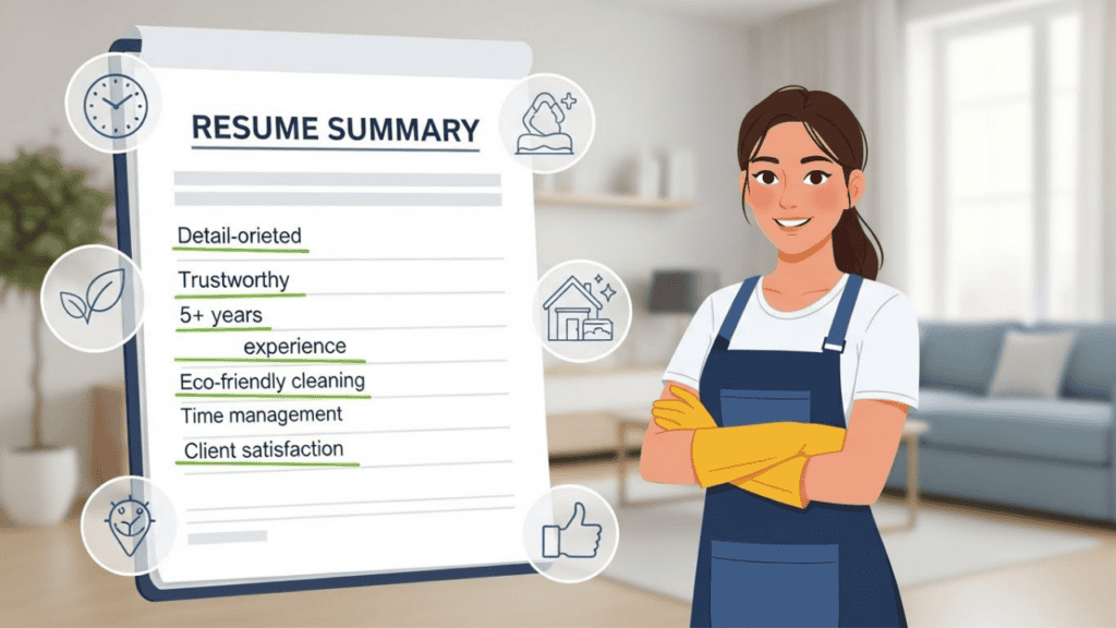 &ldquo;Illustration of a confident house cleaner standing next to a highlighted resume summary showing key skills and experience, with icons representing eco-friendly cleaning, time management, and client satisfaction, set against a clean home background.&rdquo;