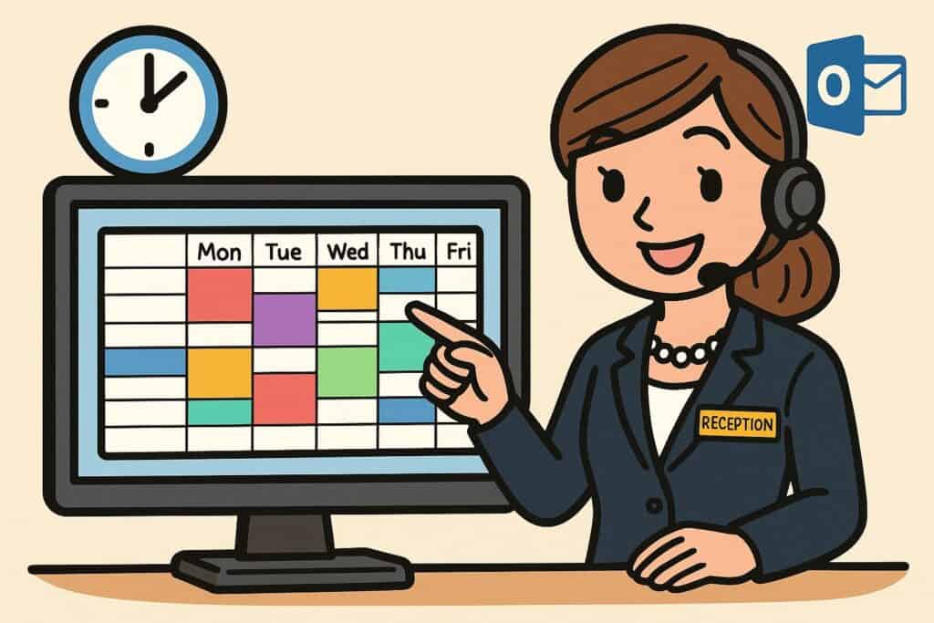 Illustration of a receptionist showing a colorful weekly schedule on a computer screen, with a clock and Outlook icon.
