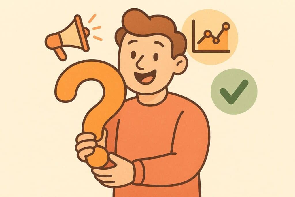 "Friendly cartoon-style illustration of a person holding a question mark surrounded by marketing icons like a megaphone and analytics chart."