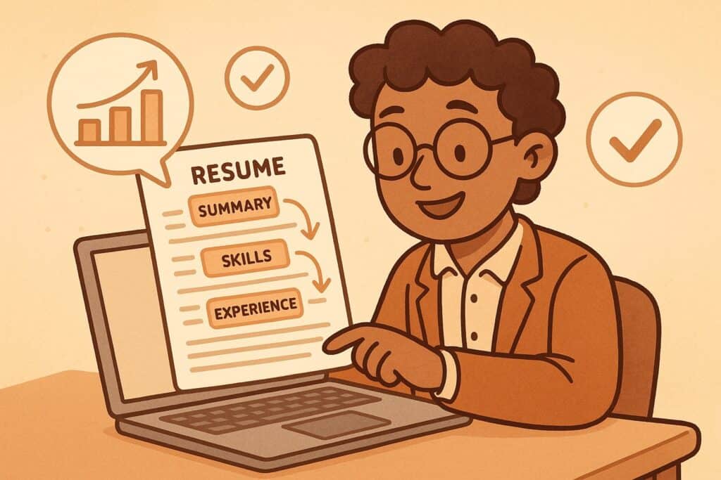 "Cartoon recruiter reviewing a resume with guiding arrows showing visual hierarchy, surrounded by icons of charts and checkmarks."