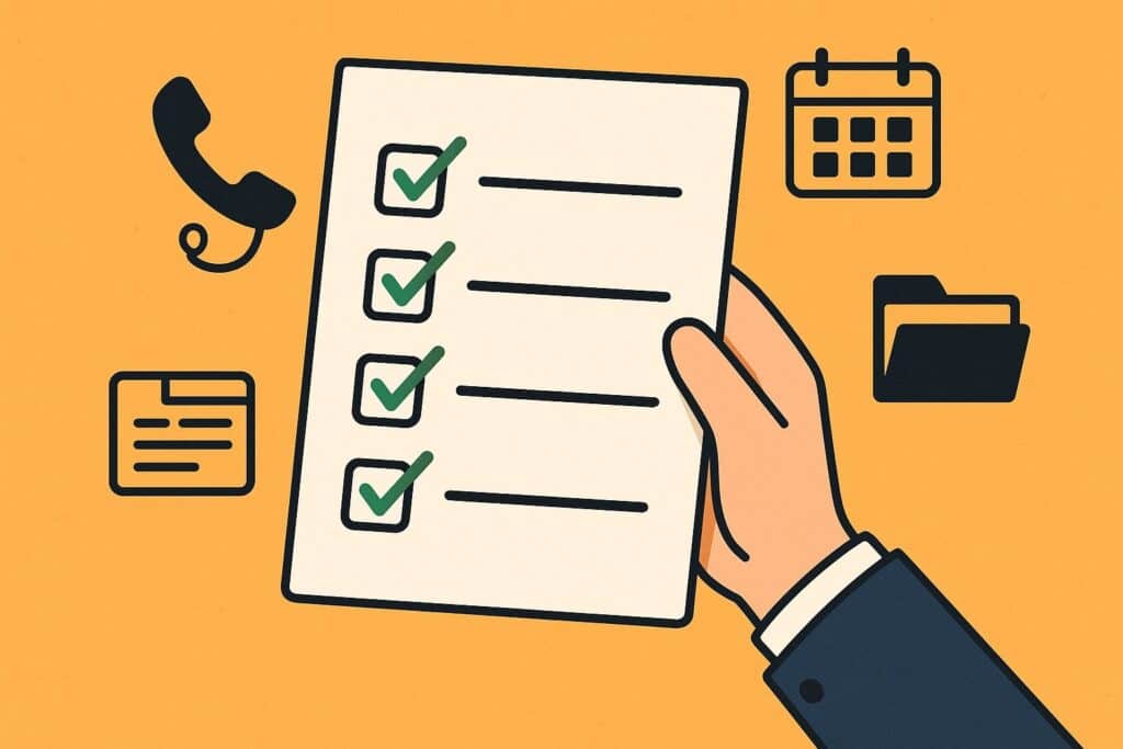 Hand holding a checklist with green check marks, surrounded by icons for phone calls, scheduling, paperwork, and file management.