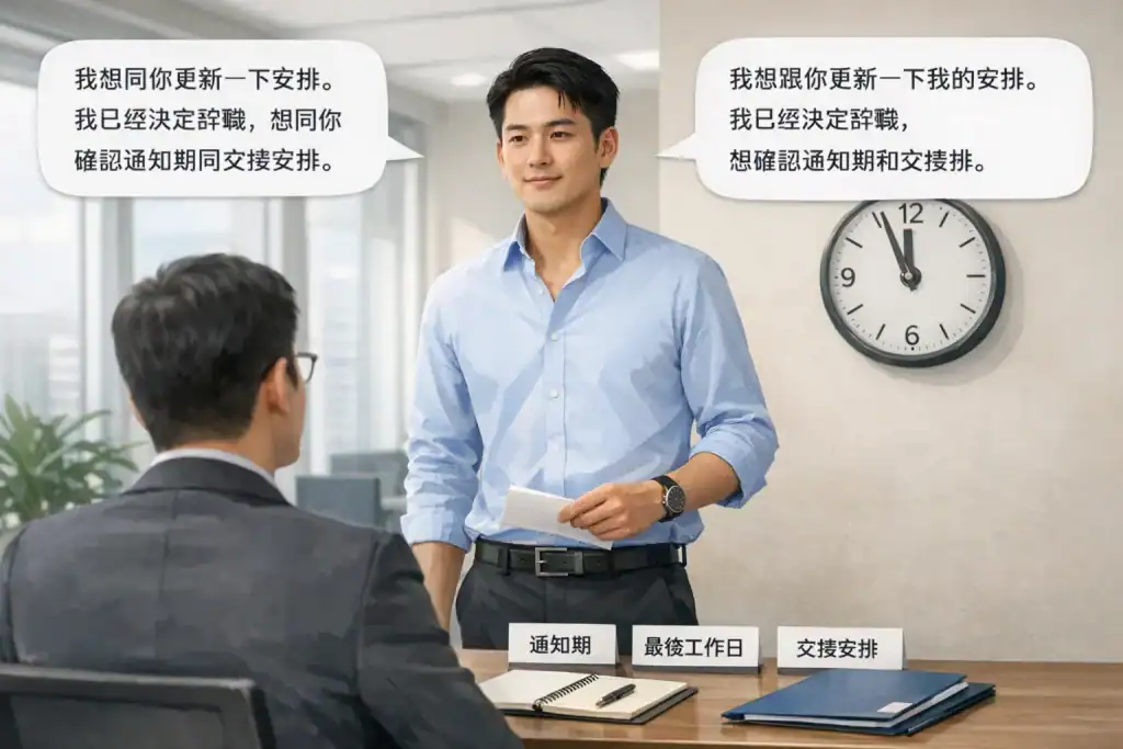 插圖展示一名香港辦公室員工正在向上司報告辭職決定,桌上放有筆記本和交接文件,氣泡中顯示粵語與普通話的15秒開場說法。場景明亮、辦公室簡約,突出專業、冷靜與流程清晰。