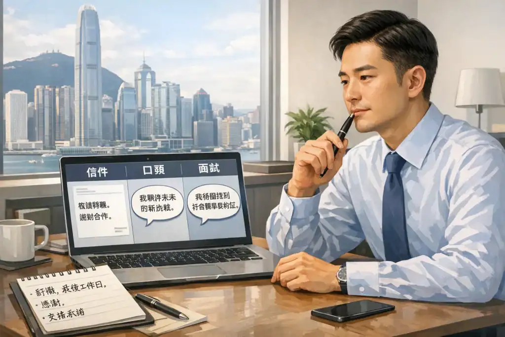 插圖顯示香港辦公室內,一名員工坐在桌前,專注準備辭職相關溝通。筆記本電腦螢幕上顯示辭職信、與上司口頭說明以及面試回答的欄位。筆記本上寫著重點:辭職、最後工作日、感謝、交接承諾。員工表情冷靜沉著,窗外可見城市天際線,桌上有小植物,辦公室風格簡約。中性色調、柔和自然光線、乾淨構圖,突顯專業與清晰度。