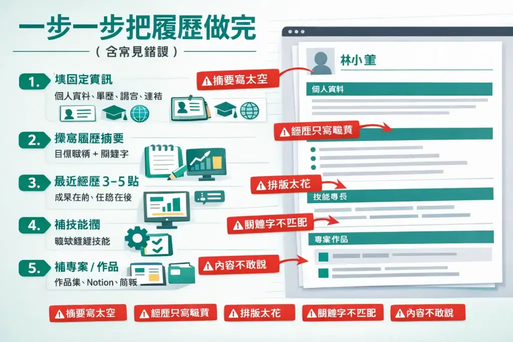 一步步完成履歷的流程圖示,從填寫個人資料、撰寫摘要、列出最近經歷、補技能欄到專案作品,每步配有圖示,並標出常見錯誤如「摘要寫太空」「排版太花」,版面清晰、專業,方便理解和操作。