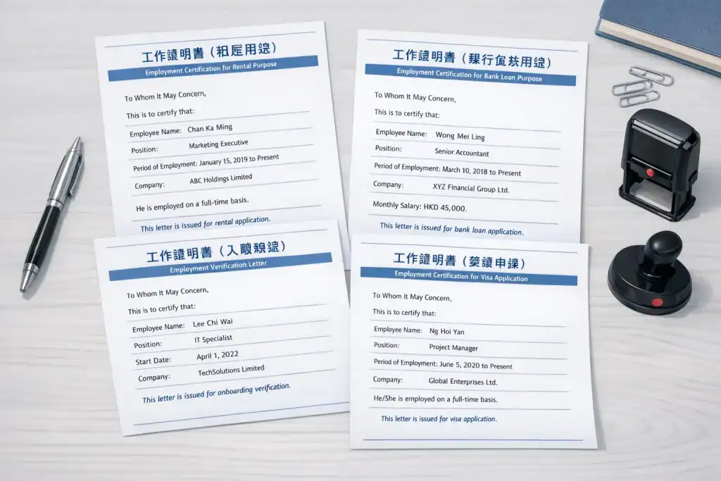 「多用途香港工作證明範本示意圖,分別標註租屋、銀行、入職、簽證用途,顯示員工資料、職位、受僱日期、公司資訊,以及針對不同用途的可選欄位文字,專業辦公桌背景,色調淡藍白灰。」