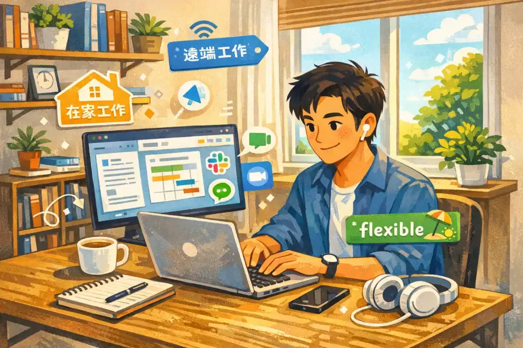 一位職場人士在家書桌前使用筆記型電腦工作,桌上有筆記本、咖啡杯與耳機,螢幕顯示文件與線上協作工具,背景明亮舒適,象徵遠距工作、在家辦公與彈性工作方式。