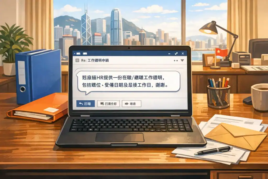 「插畫顯示香港辦公室桌面,員工正在用電腦發送工作證明或推薦信請求郵件,桌上有文件夾與信封,文字氣泡示範禮貌簡短的Email內容,呈現專業、清楚且友好的職場溝通場景。」
