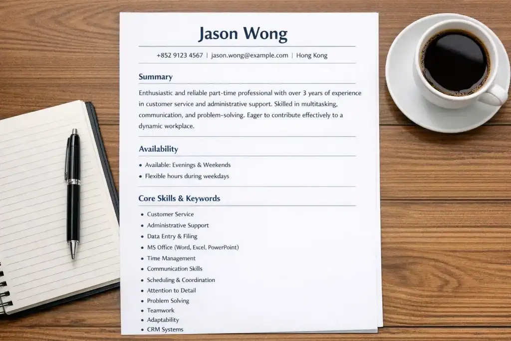 香港彈性時間兼職五種類型資訊圖:自選時段、報更排班、按件/按任務、短期活動/展覽、遠端兼職,每種附簡短說明,背景為香港城市剪影,圖示色彩分明,呈現彈性兼職分類清晰一目了然。