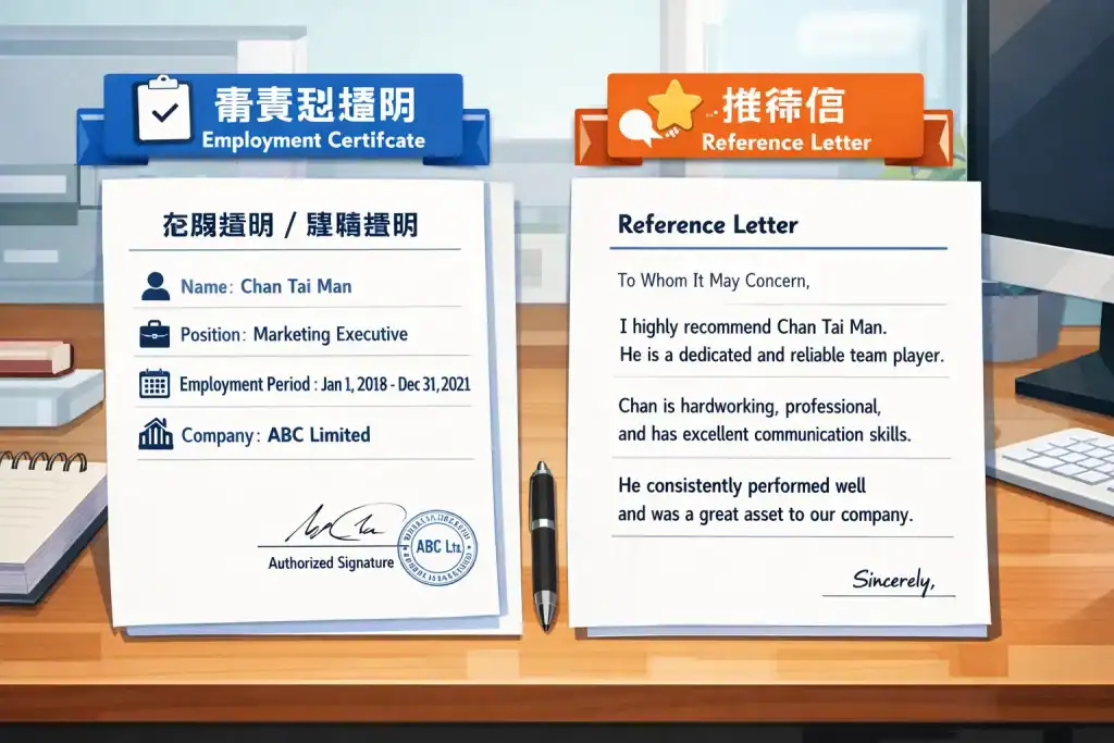 「插畫展示香港工作證明與推薦信對比,左邊文件只標示事實(姓名、職位、日期、公司資料),右邊文件含推薦與品格評語,桌上有筆記與電腦,象徵讀者清楚分辨事實型證明與推薦信。」