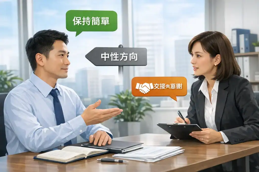 插圖顯示一位職場人士在辦公桌前面對 HR 提問,桌上有筆記本和文件,畫面中標示三個浮動標籤:「保持簡單」「中性方向」「交接與感謝」,象徵控制對話、冷靜應對 HR 追問的策略。