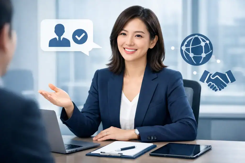 一位專業的 Sales 或客戶服務人員在辦公室或線上會議中,以簡短而清晰的方式向客戶作英文自我介紹,呈現主要聯絡人角色與專業溝通形象。