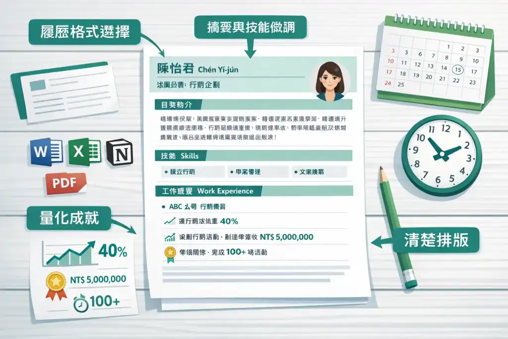 台灣履歷示意圖,展示履歷摘要、技能欄、工作經歷,搭配量化成果圖示、工具圖示和時間管理元素,排版清晰、專業且易讀,突顯履歷撰寫技巧與 ATS 友好設計。