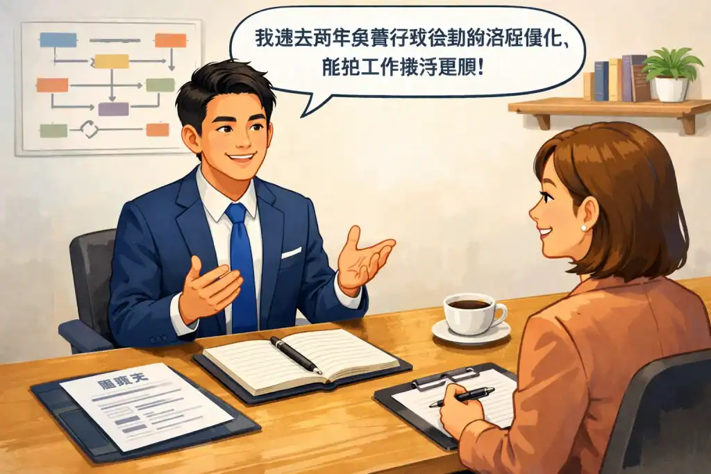 求職者在辦公室面試桌前回答問題,手持履歷與筆記本,面試官專注傾聽,桌上有筆記和咖啡杯,背景簡約明亮,呈現面試自我介紹與回答問題情境。