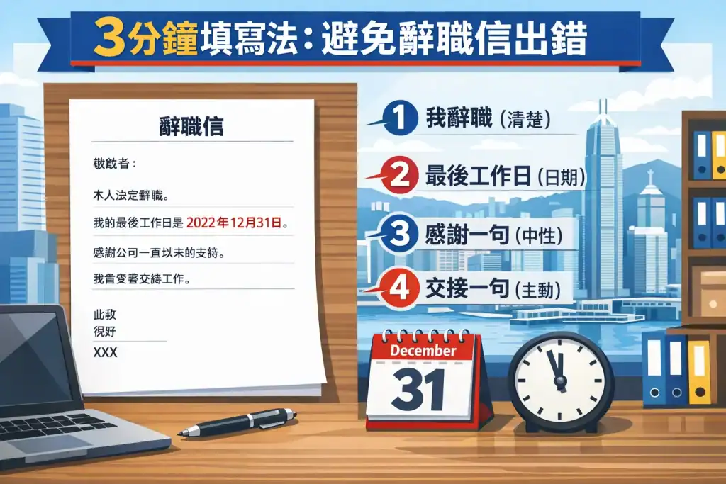 「插畫顯示香港辭職信快速填寫法,標註四句核心:辭職聲明、最後工作日、感謝、交接,桌上有筆、電腦、日曆和時鐘圖示,背景為辦公室與城市元素,呈現快速、清楚、專業的填寫流程。」