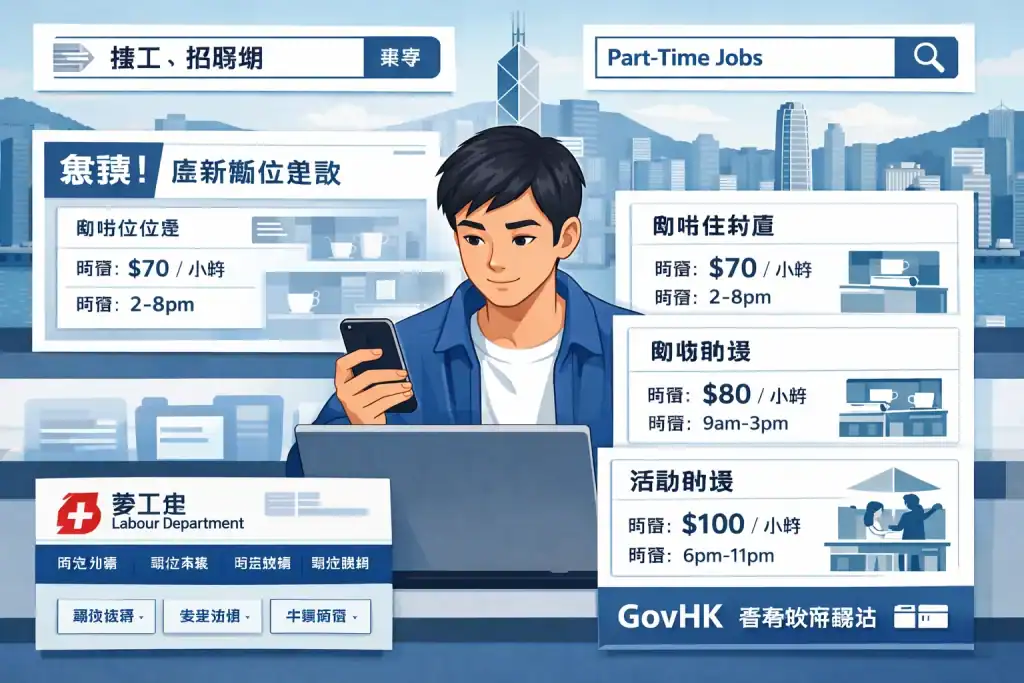 年輕求職者手持手機,旁邊有四個問號卡片標示「排更規則」「人工/出糧」「地點/交通」「最低承諾」,背景是香港城市剪影,象徵用60秒四問法快速篩選彈性兼職。
