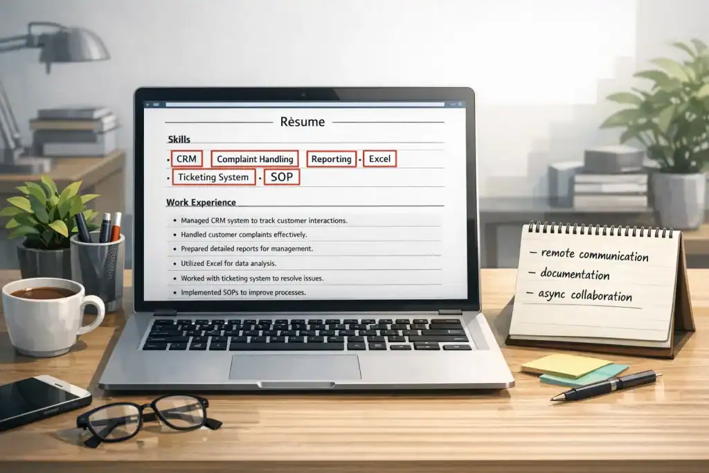 「插畫顯示香港辦公桌,筆記本電腦螢幕上是標註ATS關鍵字的履歷,旁邊有筆記記錄遠端工作技能,強調專業、清楚、策略性履歷優化與遠端工作能力。」
