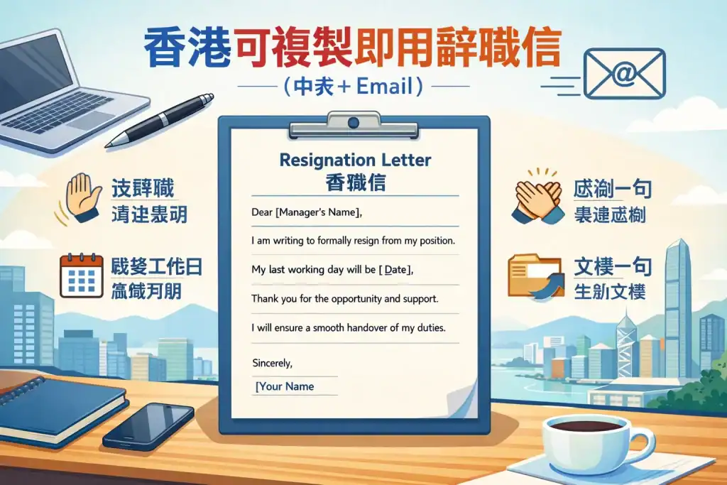 「插畫顯示香港即用辭職信範本,中英Email版,重點標示四句核心:辭職聲明、最後工作日、感謝、交接,旁有筆和電腦圖示,背景帶香港辦公室與城市元素,呈現正式、得體且可直接複製使用。」