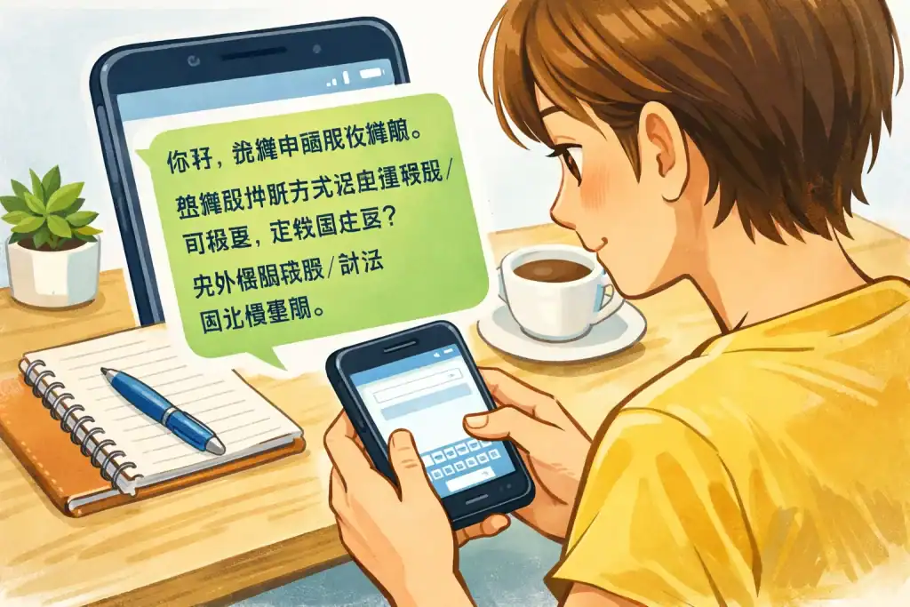 求職者坐在桌前,用手機發短訊申請兼職,訊息中問清楚排班方式、時薪和出糧週期,象徵快速確認彈性兼職條件,避免浪費時間。