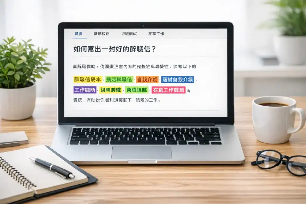 插圖展示一台筆記型電腦顯示職場文章,內文高亮標示多個內鏈詞,桌上有筆記本和咖啡杯,背景為現代辦公桌面,象徵順暢的內容導航與讀者互動。