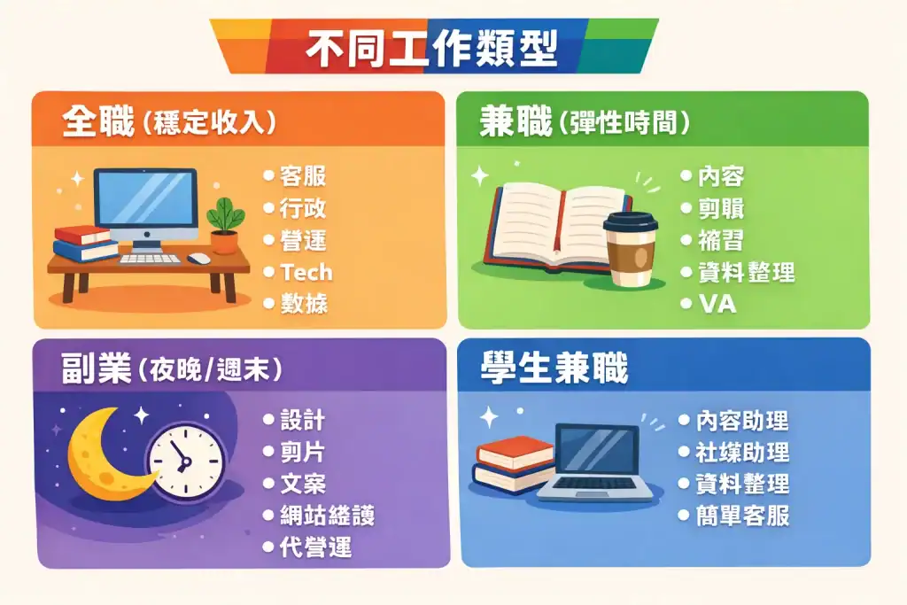 「資訊圖表顯示四種工作類型:全職、兼職、副業、學生兼職,每種工作類型配對應圖示與適合職位列表,清楚區分穩定收入、彈性時間、夜間副業和學生兼職選項。」