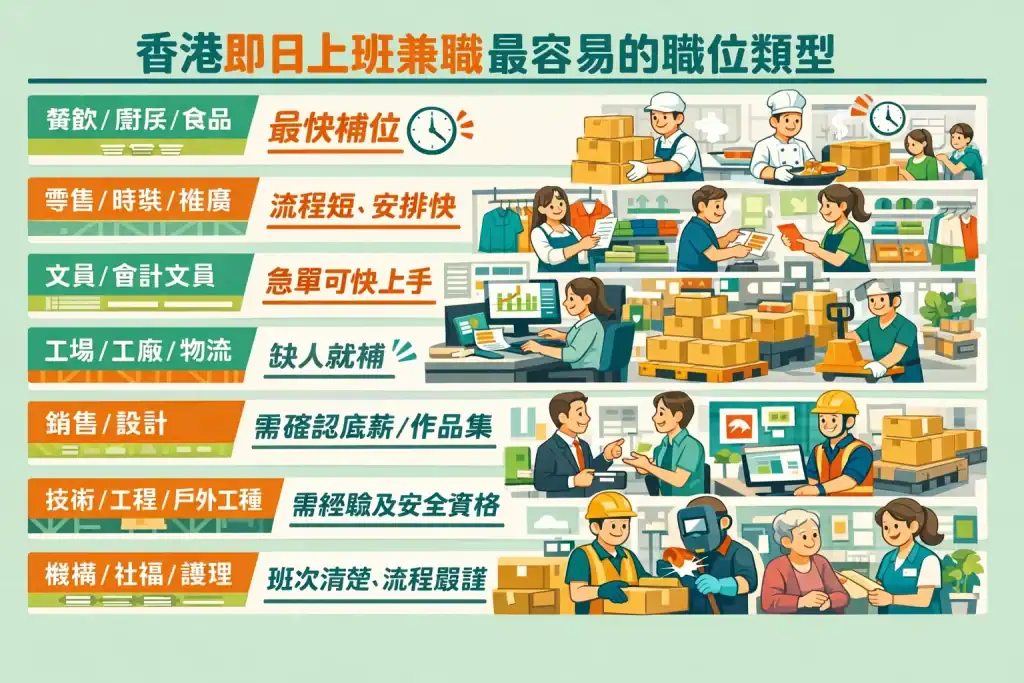 「香港即日上班兼職資訊圖,展示餐飲、零售、文員、工場、銷售、技術、社福護理七大職位類型,每個類型都有插圖與提示,色彩明亮,突出最易補位及注意事項。」