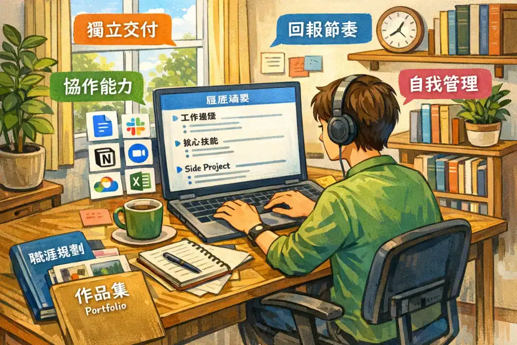 一位職場人士在家書桌前使用筆記型電腦更新遠距履歷,桌上有筆記本、咖啡杯、耳機與作品集,螢幕上顯示履歷摘要、工作經歷與核心技能,旁邊有 Google 文件、Slack、Notion、Zoom 圖示,背景明亮舒適,象徵遠距工作準備、交付能力與自我管理。