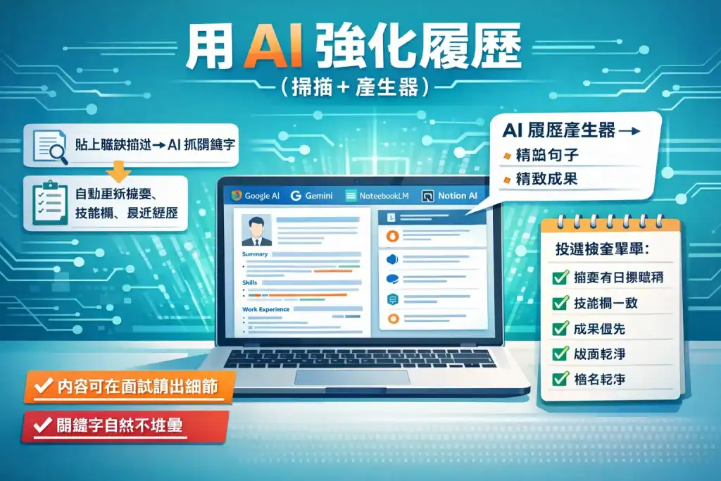展示 AI 工具輔助履歷優化的概念,電腦螢幕上顯示履歷內容與 AI 介面,流程示意從貼上職缺描述、抓取關鍵字到自動更新摘要、技能與最近經歷,旁邊有投遞檢查清單與注意事項標籤,畫面專業、科技感強。