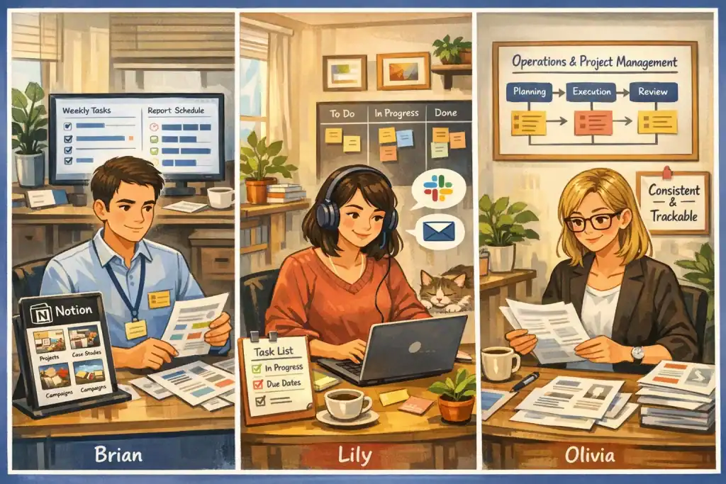 三位遠距工作者故事插畫:Brian 在傳產公司整理行銷資料並展示 Notion 作品集,Lily 在家兼職專案處理並使用 Slack/Email 協作,Olivia 整理多份履歷與專案文件,牆上貼有流程圖,三人背景明亮整潔,象徵遠距工作職涯轉換與成功經驗。