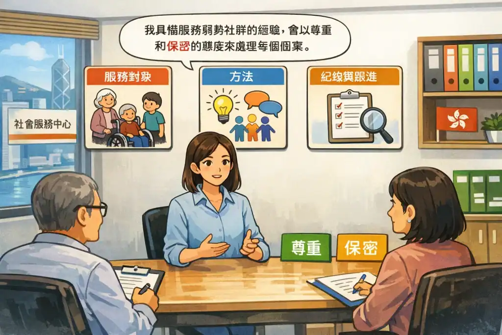 香港社工面試情境插圖,畫面中一名社工求職者在會議室內以冷靜、專業的態度進行一分鐘自我介紹,旁邊以簡潔圖示呈現「服務對象」「方法」「紀錄與跟進」三大重點,強調尊重、保密、同理及實務操作,整體氛圍理性穩重、符合專業社會服務面試風格。