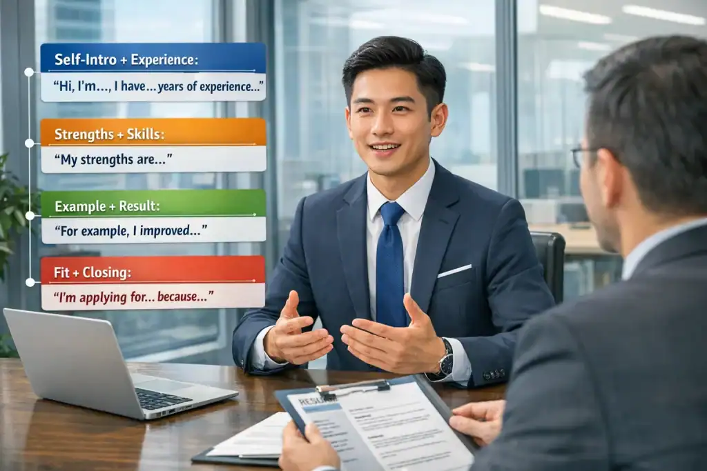 插圖顯示香港求職者在辦公室向面試官用英文進行1分鐘自我介紹,桌上有筆記本電腦與簡歷文件,畫面標示英文自我介紹四個結構重點「自我介紹+經驗」「強項+技能」「例子+成果」「匹配+收尾」,氛圍專業、自然且高效。