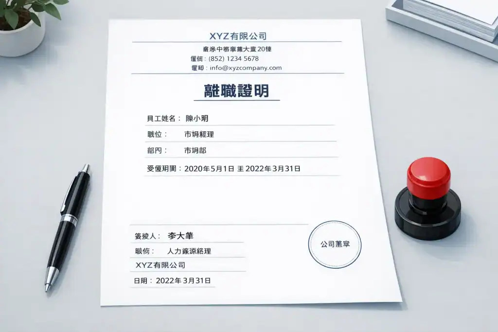 「香港離職證明書範本示意圖,包含員工姓名、職位、部門、受僱期間、簽發人、公司名稱及日期,底部留有公司蓋章位置,專業辦公風格,色調淡藍白灰。」