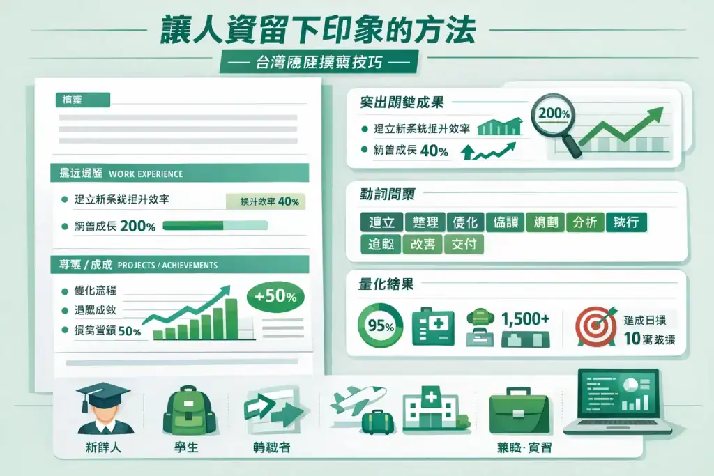 台灣履歷撰寫示意圖,展示履歷摘要、工作經歷、專案成就區,突出關鍵成果、量化數字與動詞開頭,搭配 HR、旅遊、醫療、科技等產業圖示,版面清晰、專業且易讀,呈現讓人資留下印象的履歷技巧。