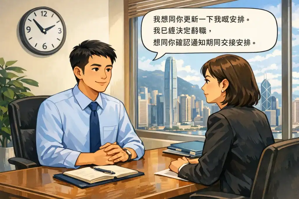 「插畫顯示香港辦公室內,員工禮貌且自信地向上司提出辭職,桌上有筆記本與文件夾,氣泡文字示範開口句子,背景有時鐘與城市窗景,呈現專業、得體的辭職溝通場景。」