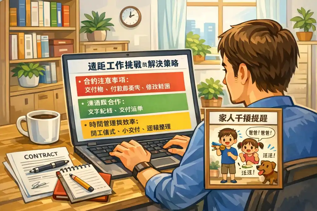 一位職場人士在家書桌前處理遠距工作,筆記型電腦螢幕顯示合約注意事項、溝通協作要點與時間管理策略,桌上有合約文件、筆記本、行事曆和咖啡杯,旁邊有家人干擾提示,背景明亮整潔,象徵遠距工作挑戰與有效管理方法。