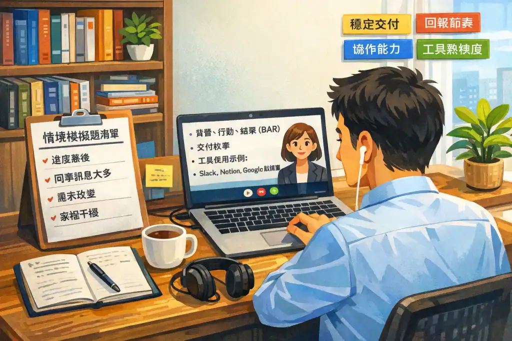 一位職場人士在家書桌前進行遠距線上面試,筆記型電腦螢幕顯示面試問答大綱與工具使用示例,桌上有筆記本、咖啡杯、耳機與情境模擬題清單,背景明亮舒適,象徵遠距面試準備、穩定交付與專業能力。