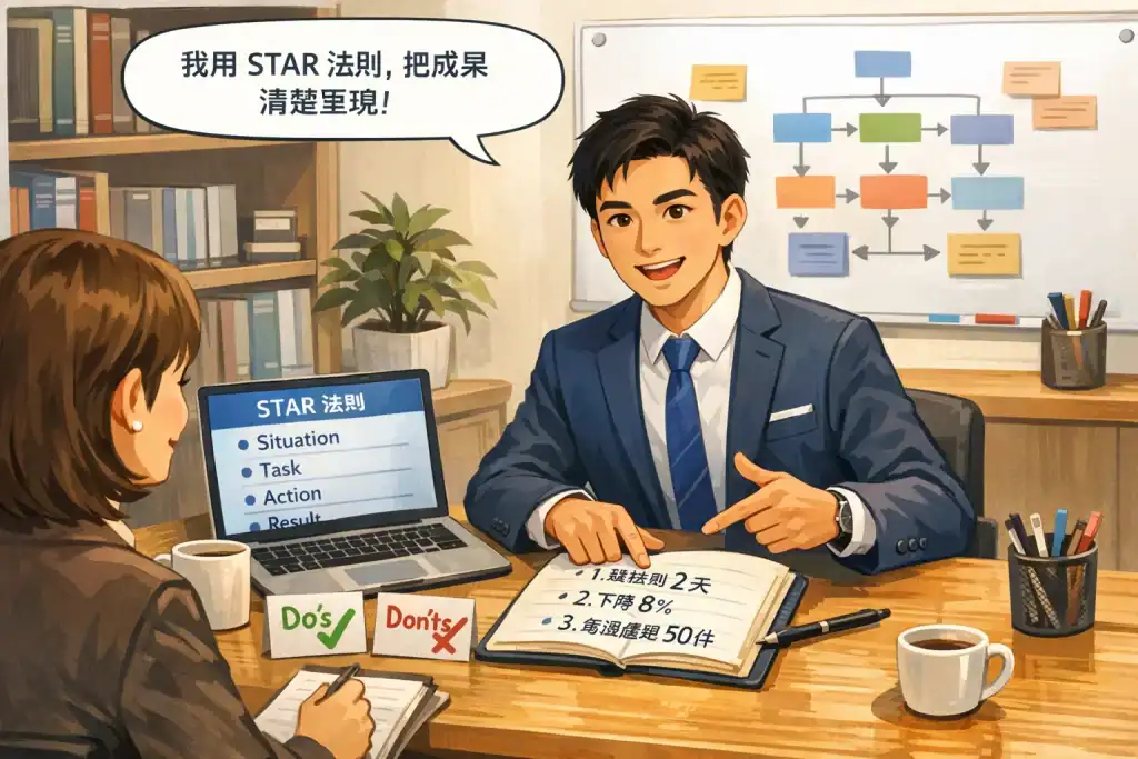 求職者坐在面試桌前回答問題,桌上有筆電、筆記本、咖啡,螢幕顯示 STAR 法則步驟,旁邊放有 Do’s & Don’ts 小卡片,面試官專注傾聽,背景簡約明亮,呈現面試回答原則與實務技巧情境。